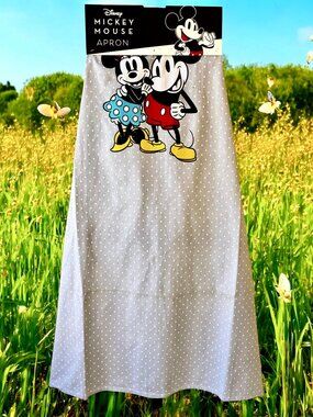 Disney Mickey + Minnie Mouse Cooking Apron Kitchen BBQ Gray Polka Dot NEW